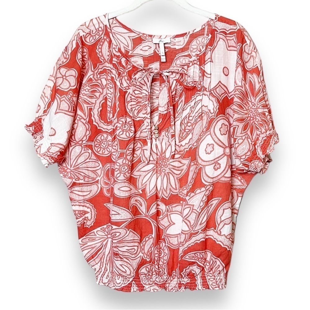 Joie 100% cotton floral top small orange white peasant beachy flowy tie‎ blouse